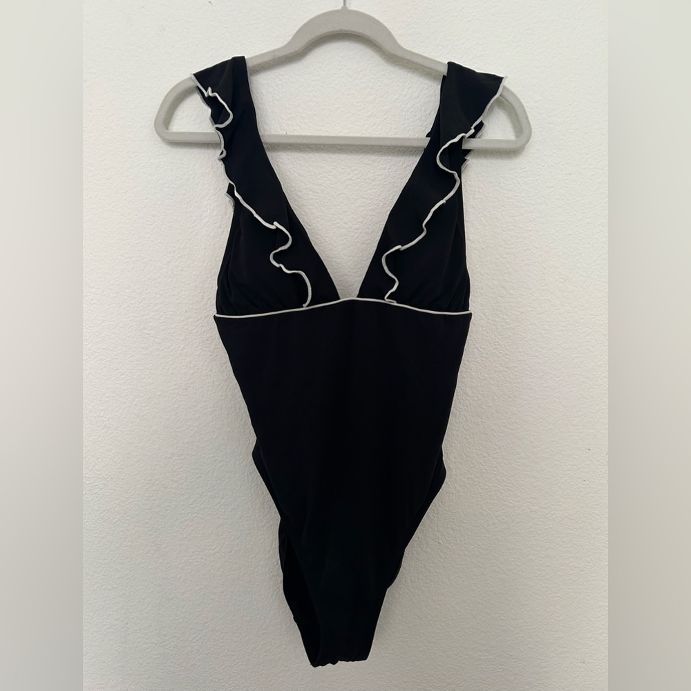 Robin Piccone Black Swimsuit with White Trim and Ruffle Detail